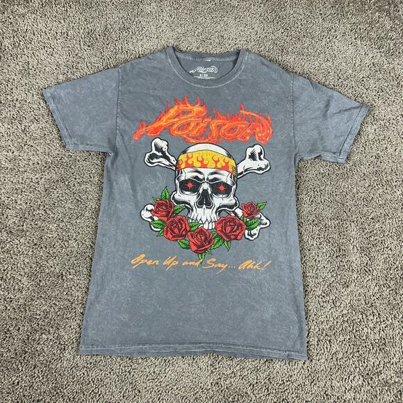 Poison Shirt Mens Small Gray Orange Flames Open Up And Say Ahh Rock Short Sleeve - Picture 1 of 11